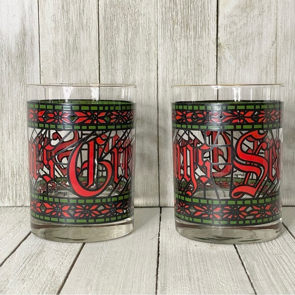 HOUZE Seasons Greetings Stained Glass Gold Rimmed Lowball Glass Tumbler Set - Picture 2 of 8